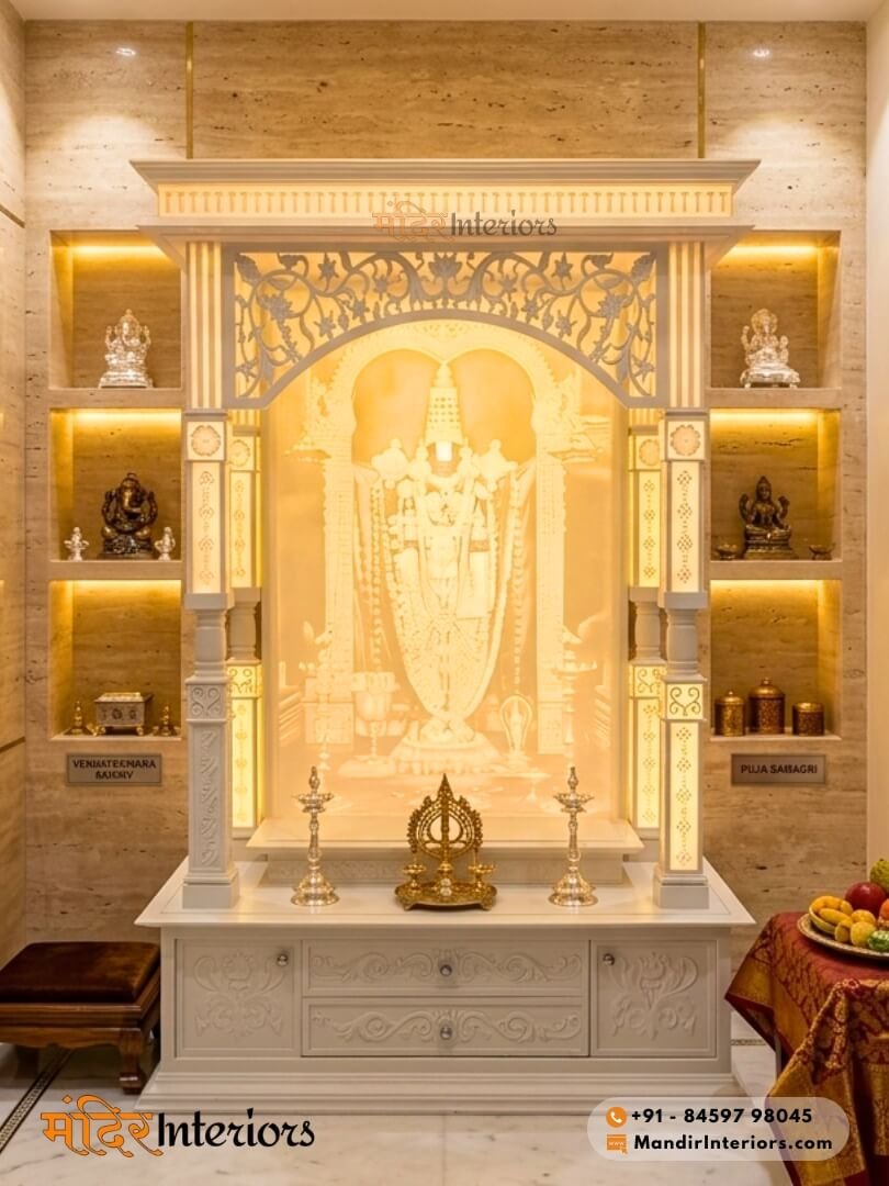 Backlit Corian mandir design with LED lighting and CNC cut patterns for modern interiors.