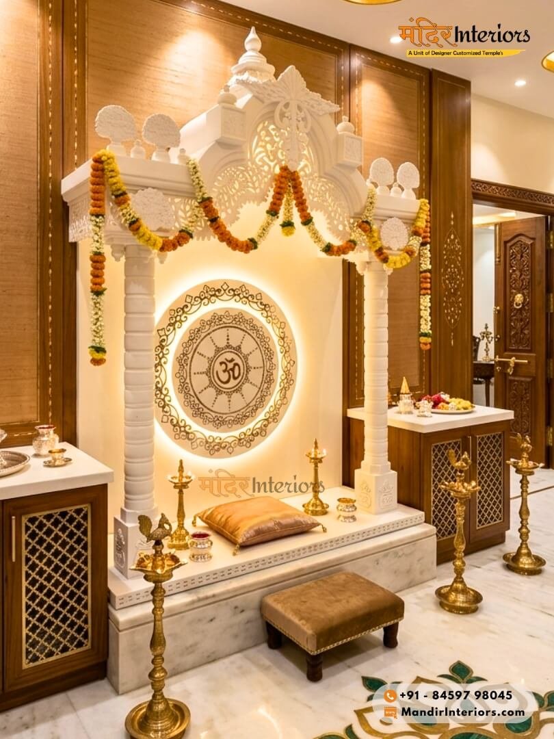 Custom Corian mandir design tailored for modern Indian homes with personalized layout and lighting