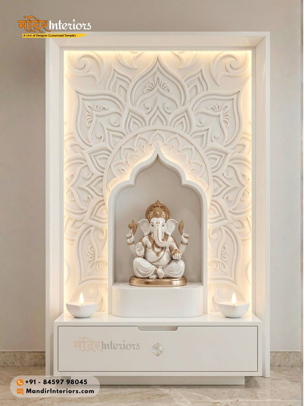 Designer Corian mandir with premium finish and modern design for home interiors