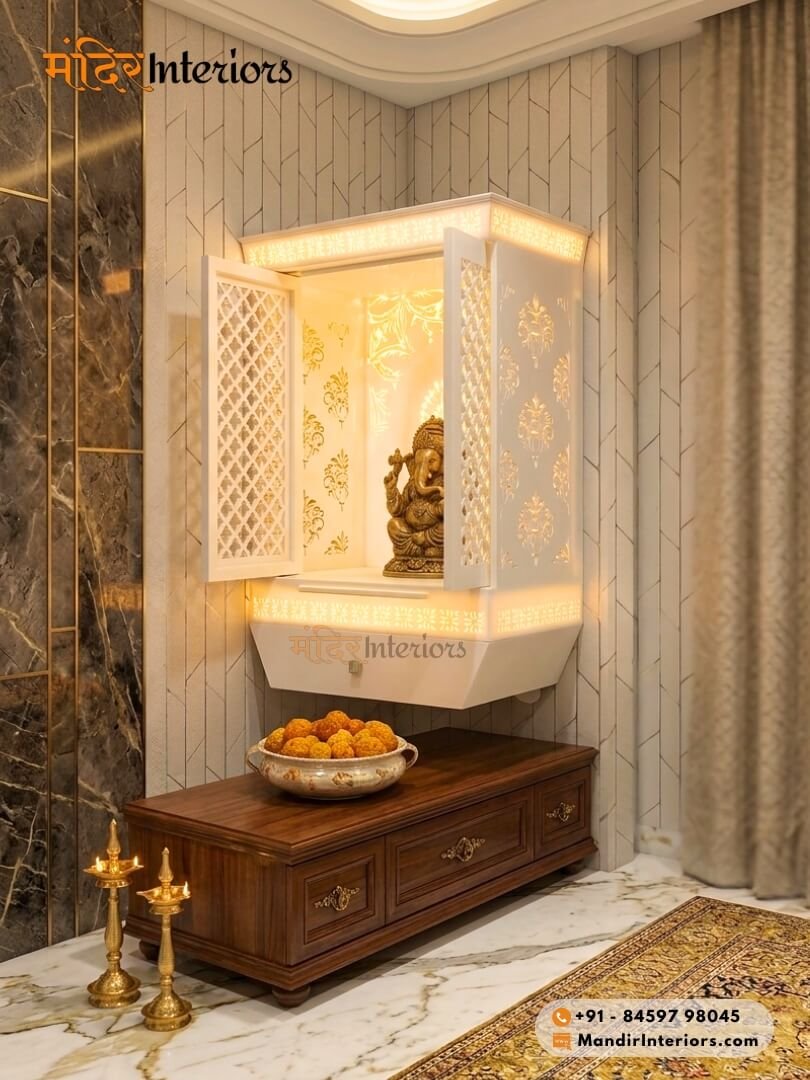 Wall mounted Corian mandir design for modern Indian homes with compact layout and clean finish.