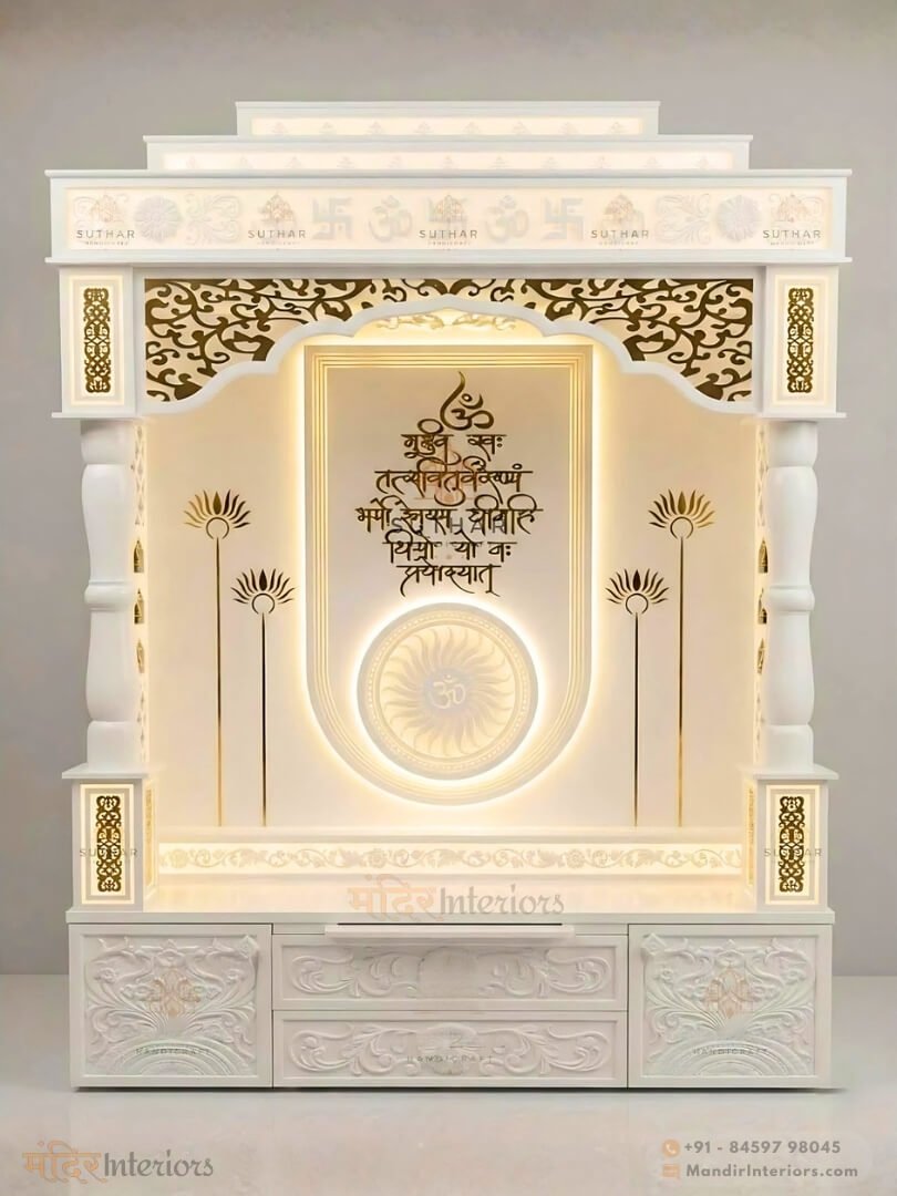 Premium backlit Corian mandir design with LED lighting and CNC detailing for modern Indian homes