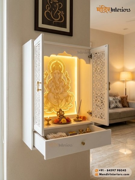Samll Corian Mandir Cabinet with Jali Doors Open and Large Backlit Design for Flat