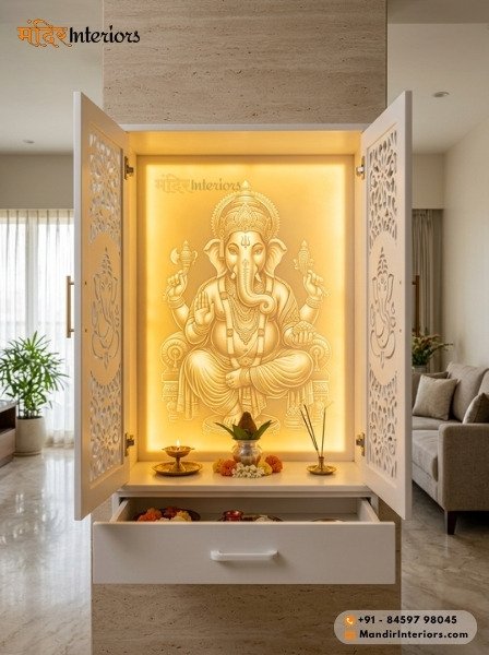White Corian Ganesh Mandir with LED Backlit Panel and Jali Doors